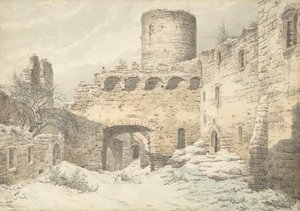 Vinterutsikt over gårdsplassen til et middelalderslott i ruiner, 1832. av Julius von Leypold