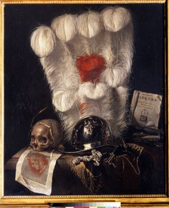 Forfengelighet med hodeskalle omgitt av et øre av hvete, hjelm, dolk (eller sverd), horn, fjær og en kopi av "Electra" av Sophocles. Maleri av Jurlaen van Streeck (1632-1687). Olje på lerret, 98 x 84 cm av Jurian van Streeck or Streek