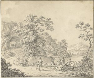Landskap med en båt der en hyrde med flokken sin av Jurriaan Andriessen (attributed to)
