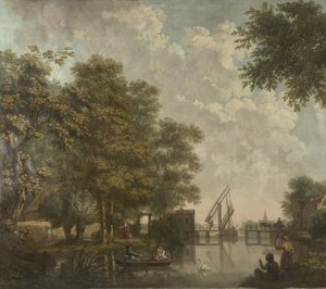 Tre veggtepper med nederlandsk landskap Tapetmaleri av et nederlandsk landskap med en åpen bro Tre tapetmalerier av et nederlandsk landskap av Jurriaan Andriessen (attributed to)