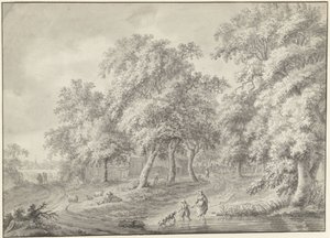 Landskap med mor og barn med hund som vasser gjennom et basseng av Jurriaan Andriessen (possibly)