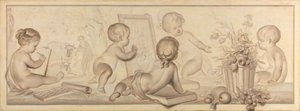 Seks Putti med blomster og frukt og attributter til tegnekunsten av Jurriaan Andriessen (signed by artist)