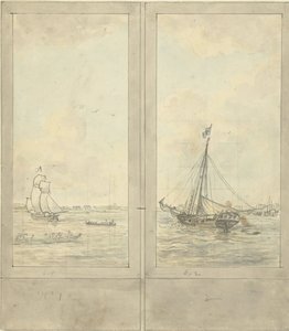 Design for to tapetoverflater: elv med skip i Nederland av Jurriaan Andriessen