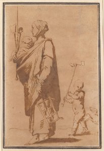 En mor som bærer et barn og kjøkkenutstyr, etterfulgt av en gutt og en hund av Jusepe de Ribera