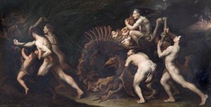 'La Carcasse: a Witch Being Drawn on the Skeleton of a Monster', 1600-tallet av Jusepe de Ribera