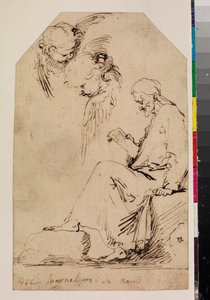 Ark med studier med en sittende mann som leser og to kjeruber, 1620-tallet av Jusepe de Ribera