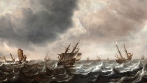 Frakt i Choppy Seas med en hval i forgrunnen av Justus de Verwer