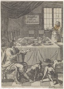 Zoilus sitter ved et dekket bord De Gustibus non est disputandum (tittel på objekt) av Justus van den Nijpoort
