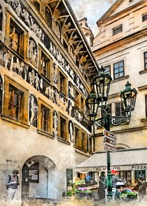 Gatescene i Praha i sgraffito-stil av Justyna Jaszke