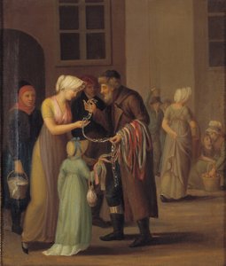 Gatebilde i København rundt år 1800. Den piskede jøden selger blonder til en ung jente av KMS 3007 Ubekendt