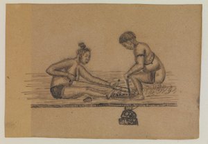 Illustrasjon for en inuitlegende (to nakne personer som lager ild)