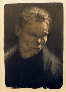 Halvlangt portrett av en arbeiderkvinne med en blå klut av Käthe Kollwitz
