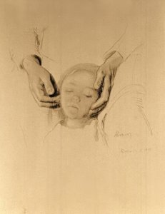 K. Kollwitz, et barnehode i hendene.