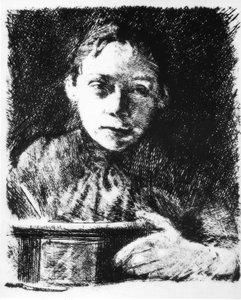 Selvportrett på tegnebrettet av Käthe Kollwitz