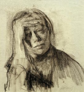 Selvportrett med støttet høyre arm, hånd på pannen av Käthe Kollwitz