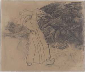 Stående folkekvinne oppmuntrer fremadstormende gruppe menn Losbruch (original tittel) av Käthe Kollwitz