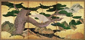 The Hawks in the Pines, 6 panel foldeskjerm (penn og blekk, farge, gull på panel) (se 216562)