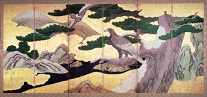 The Hawks in the Pines, 6 panel foldeskjerm (penn og blekk, farge, gull på panel) (se 216561)