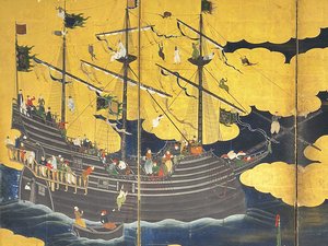 Detalj av Southern Barbarians Come to Trade, et par skjermer med seks paneler, tidlig på 1600-tallet