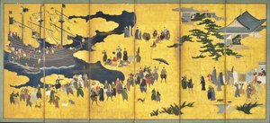 Southern Barbarians Come to Trade, et par skjermer med seks paneler, tidlig på 1600-tallet