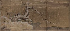 Vinterscene med plommetrær og fasanfugler til høyre, tidlig på 1600-tallet.