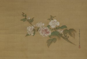 En gren av blomstrende hibiskus, Edo-perioden (farge på silke)