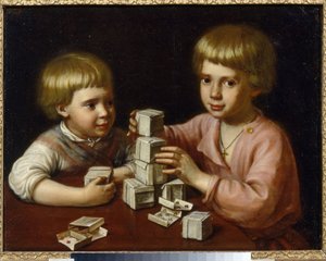 Barn som leker (Barn som leker). To brødre, etter å ha laget kuber av spillekort, stabler dem på et bord. Maleri av Kapiton Stepanovich Pavlov (1792-1852), olje på lerret av Kapiton Stepanovich Pavlov