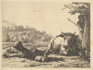 Ku, voksne sauer og unge sauer som ligger i gresset, bortenfor, står en gjeter delvis ..., 1656. av Karel Du Jardin