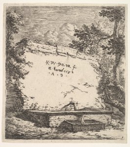 Frontispice med trappefontene, en steinmur med vanntut som tømmer vann i en rek..., 1652. av Karel Du Jardin