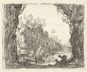 Landskap flankert av trær i venstre og høyre forgrunn, silhuetter av to goa..., ca. 1641-78. av Karel Du Jardin