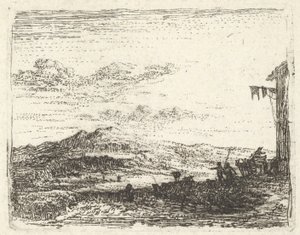 Landskap med hjørne av bygning og markise helt til høyre, to figurer og en hest-..., ca. 1641-78. av Karel Du Jardin