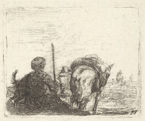 Pakkehest, sittende mann med stav i høyre hånd og hund, alt sett bakfra..., ca. 1641-78. av Karel Du Jardin