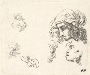 Studie av hoder i profilvisning, en kvinne med hodekledning og skjeggete mann hvis hoder ..., ca. 1641-78. av Karel Du Jardin