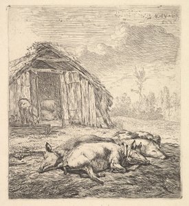 Tre griser som ligger på siden, en grisesti og trau bortenfor, 1652.