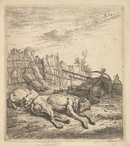 To hunder som sover på bakken, en plog, gårdsutstyr, halmbunter og en ..., ca. 1641-78. av Karel Du Jardin