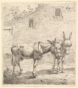 To esler som står i en gresskledd hage, en i profilbildet vendt mot høyre og en annen bak..., 1652.