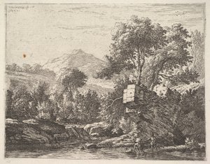 To menn som står ankeldypt i en vannmasse med et steinete utspring bak seg, til le..., 1658. av Karel Du Jardin