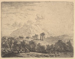 Utsikt over åssiden med ruiner, en akvedukt og en fjellknaus bortenfor, i forgrunnen en m..., 1658. av Karel Du Jardin