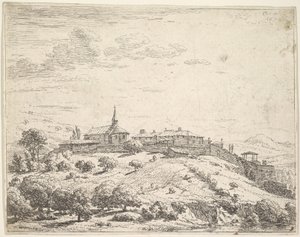 Bymurt landsby på en høyde, med kirke til venstre og bygninger bygget i nedoverbakken a..., 1658. av Karel Du Jardin