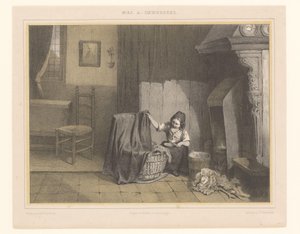 Interiør med en jente ved krybben Tidlige bekymringer av Karel Frederik Bombled