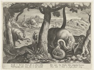 Olifant møtte slang i kamp Jachttaferelen (serietittel) Jakten på vilt, fugl og fisk i Bestiary (serietittel) av Karel van Mallery (attributed to)
