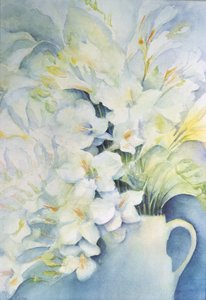 Freesia, Aurora og Ballerina i en hvit kanne av Karen Armitage