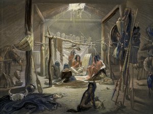 The Interior of a Hut of a Mandan Chief, plate 19 fra bind 2 av Travels in the Interior of North America, gravert av Narcisse Desmadryl, 1844 farget akvatintdetalj av 103848 av Karl Bodmer