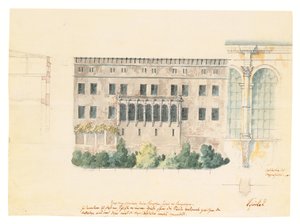 Et design for et nytt trapperom for nordfasaden til Schloss ved Stettin, med en understudie av loggiaen, et tverrsnitt av fasaden og en engasjert pilaster, ca. 1840 (blyant, penn og blekk og av Karl Friedrich Schinkel