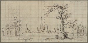 Utsikt over en by med en høyt ruvende katedral i et vinterlandskap av Karl Friedrich Schinkel