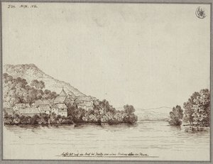 Utsikt over en landsby nær Graz fra en bro over Mur av Karl Friedrich Schinkel