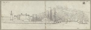 Utsikt over Napoli med havnen, Castel Nuovo, fyrtårnet og Castel Sant