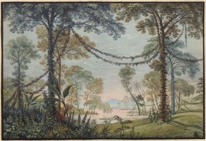 Armida. Opera av Christoph Willibald Gluck. Utkast til 3. dekorasjon. Lund pyntet med girlandere ved en innsjøbredde av Karl Friedrich Schinkel