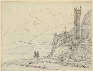 Fjellandskap med tårnruiner og figurer av Karl Friedrich Schinkel