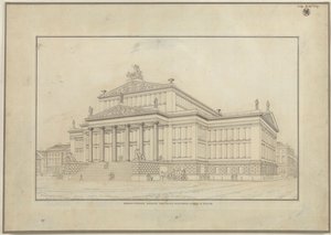 Berlin. Schauspielhaus på Gendarmenmarkt. Perspektivisk visning av forsiden av Karl Friedrich Schinkel